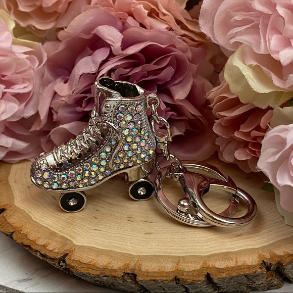 Silver Iridescent Crystal Roller Skate Keychain Charm - Picture 9 of 15